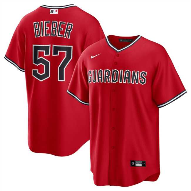 Mens Cleveland Guardians #57 Shane Bieber Red Cool Base Stitched Jersey Dzhi